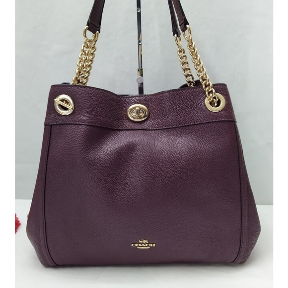 Coach Edie Purple Pebbled Leather Turnlock Chain Strap Shoulder Bag - Picture 2 of 16